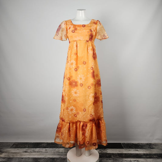 Vintage Orange Floral Empire Waist Maxi Dress Size XS