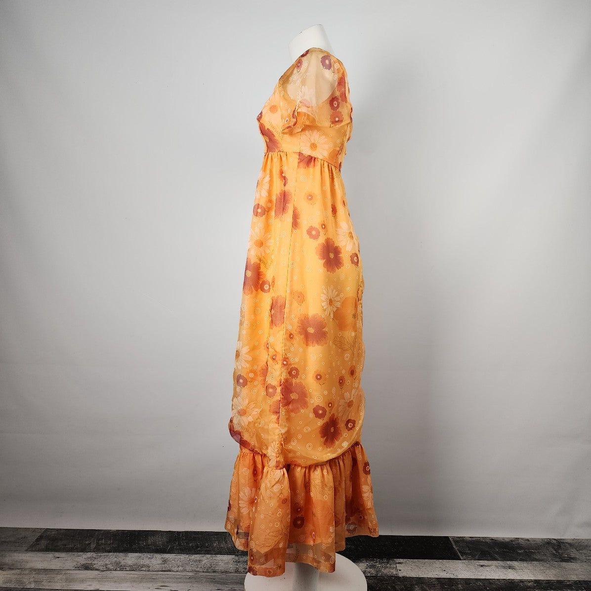 Vintage Orange Floral Empire Waist Maxi Dress Size XS