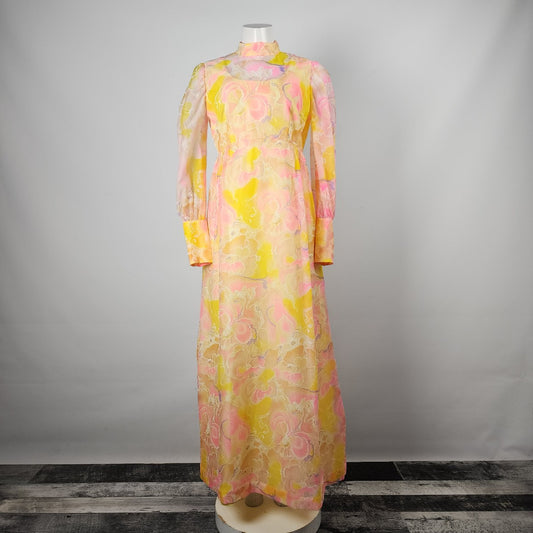 Vintage Yellow & Pink Floral Long Sleeve Empire Waist Maxi Dress Size S