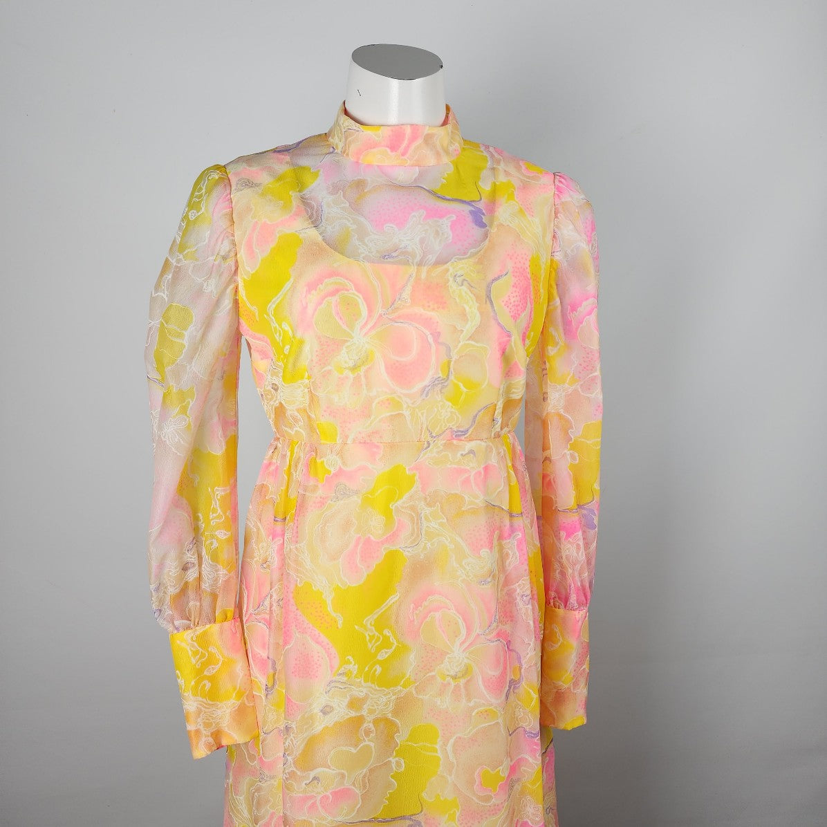 Vintage Yellow & Pink Floral Long Sleeve Empire Waist Maxi Dress Size S