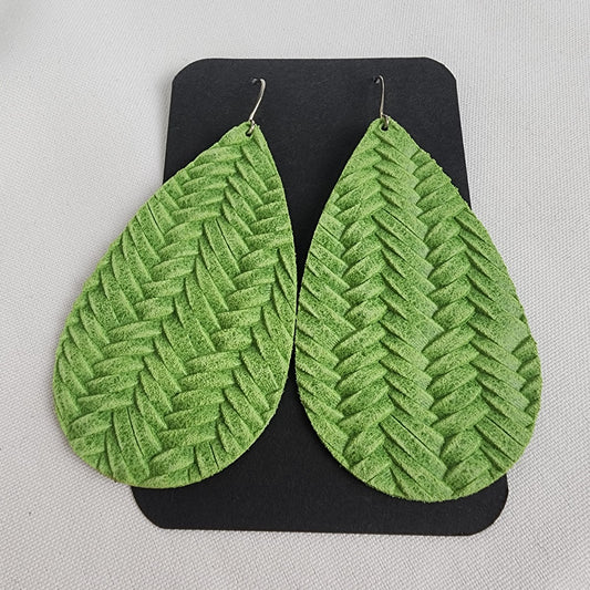 Green Leather Basket Weave Statement Earrings