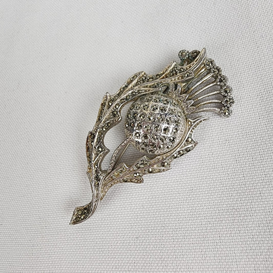 Vintage Marcasite Silver Tone Flower Brooch