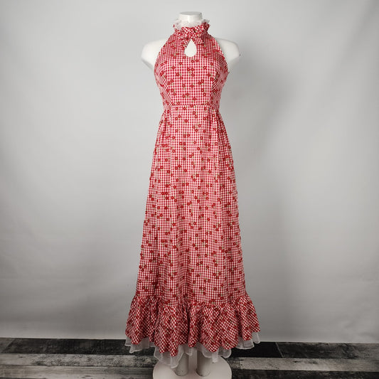 Vintage Lorrie Deb Red Gingham Floral Halter Neck Maxi Dress Size XS
