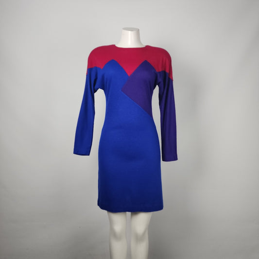 Vintage Handmade Wool Color Block Long Sleeve Dress Size S