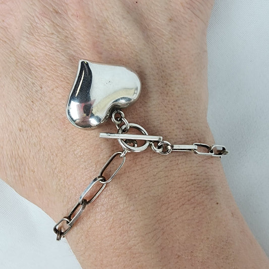 925 Sterling Silver Heart Pendant Toggle Chain Bracelet