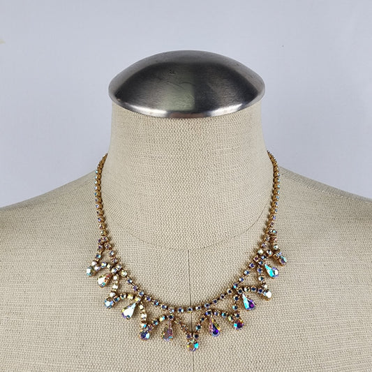 Vintage AB Rhinestone Gold Tone Crystal Collar Necklace