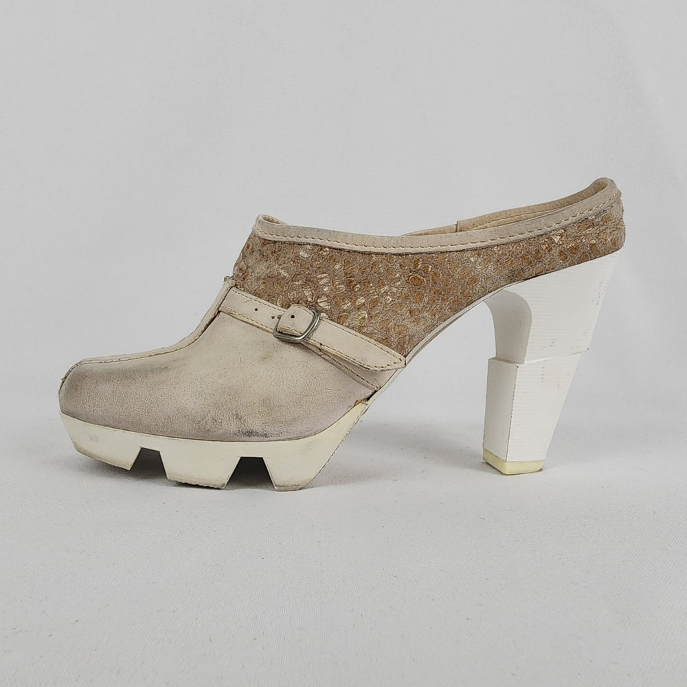 Prophecy Grey & Taupe Leather Heeled Mule Shoes Size 9