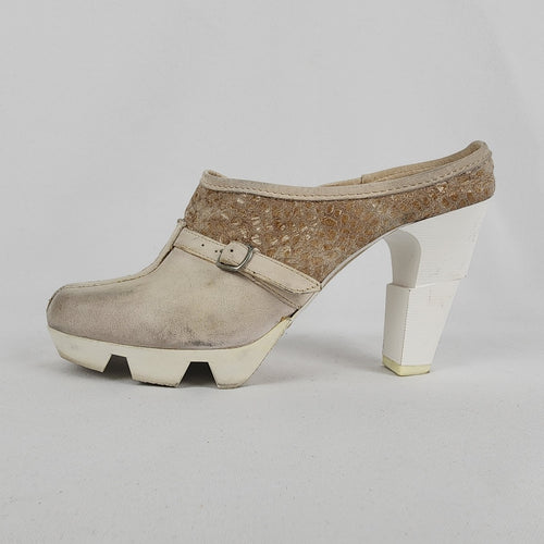 Prophecy Grey & Taupe Leather Heeled Mule Shoes Size 9