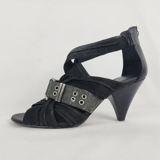 B Makowsky Black Suede Metallic Heeled Sandals Size 8.5