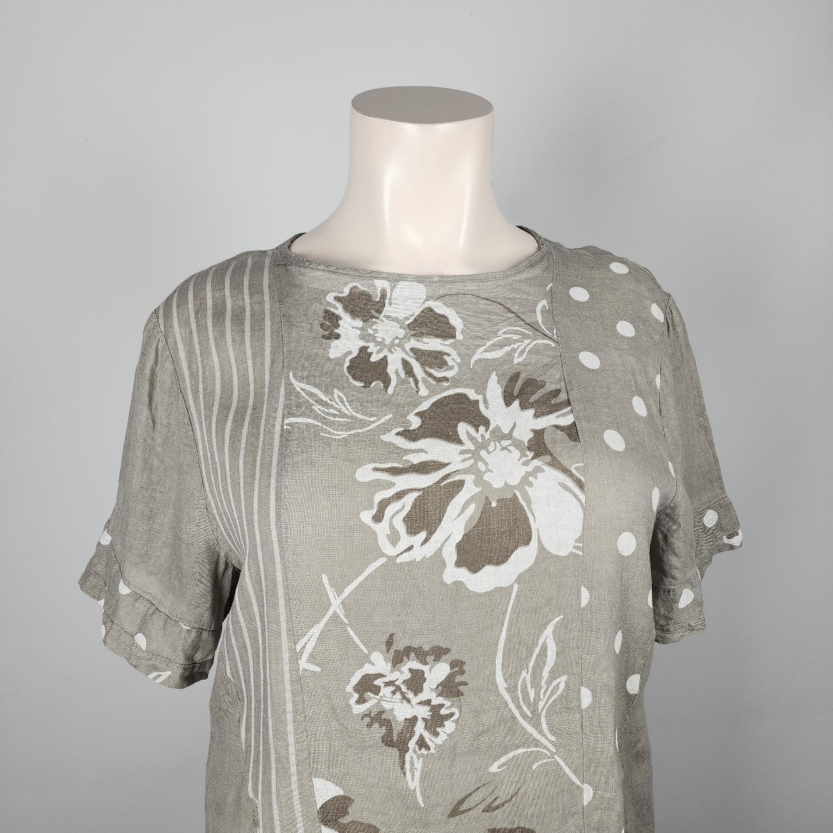Grey Linen Floral Midi Dress Size XL