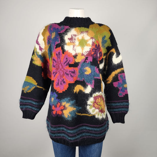 Vintage Alair Cannelle Black Floral Wool Mohair Sweater Size XL