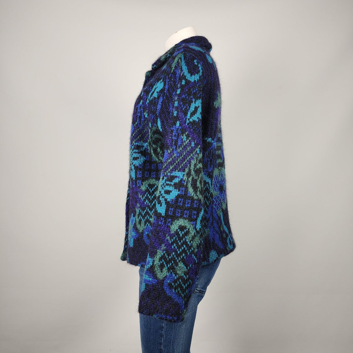 Vintage County Jersey Mohair Blue knit Floral Sweater Coat Size M