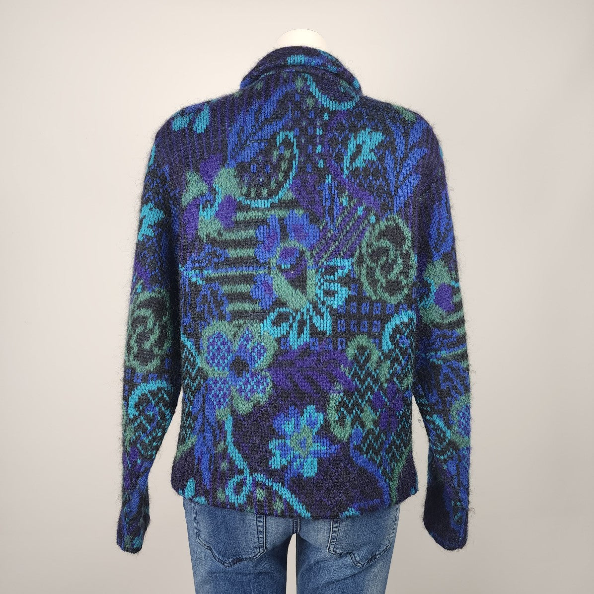 Vintage County Jersey Mohair Blue knit Floral Sweater Coat Size M