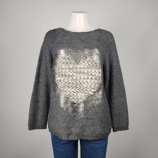 Pistache Grey Metallic Heart Knit Sweater Size M