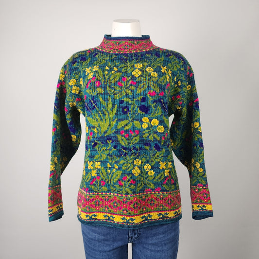 Vintage Green & Red Floral Knit Sweater Size M