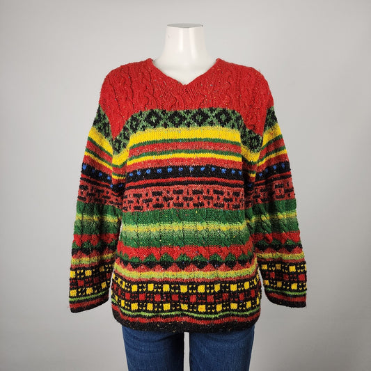 Sigrid Olsen Hand Knit Red & Green V Neck Sweater Size S