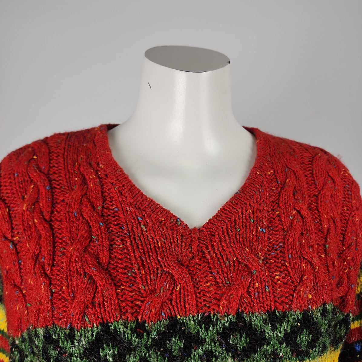 Sigrid Olsen Hand Knit Red & Green V Neck Sweater Size S