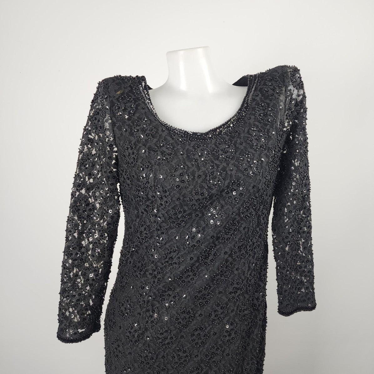 Vintage Black Long Sleeve Beaded Lace Gown Dress Size S