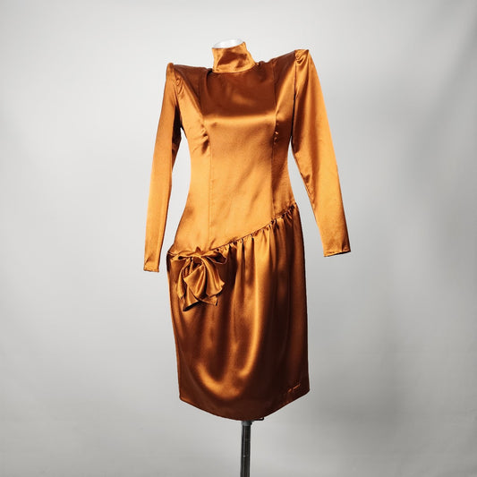 Vintage Bronze Satin Long Sleeve Drop Waist Dress Size S