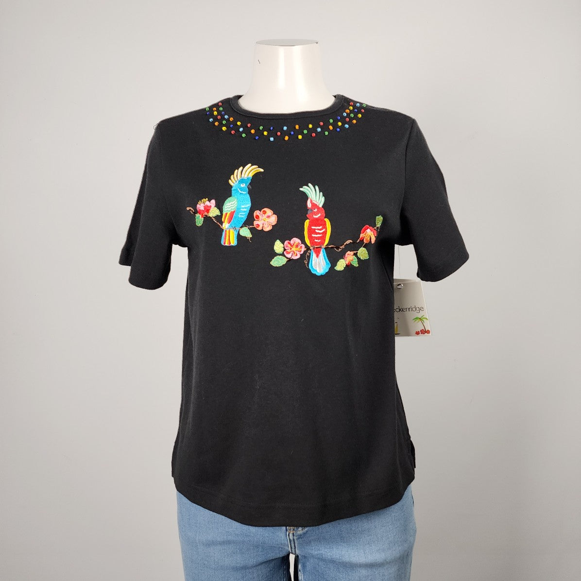 Vintage Breckenridge Black Cotton Embroidered Bird Floral Beaded T-shirt Top Size S