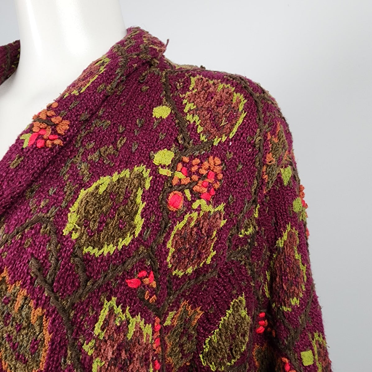 Sigrid Olsen Handknit Burgundy Cotton Silk Fall Leaves Button Up Cardigan Size S