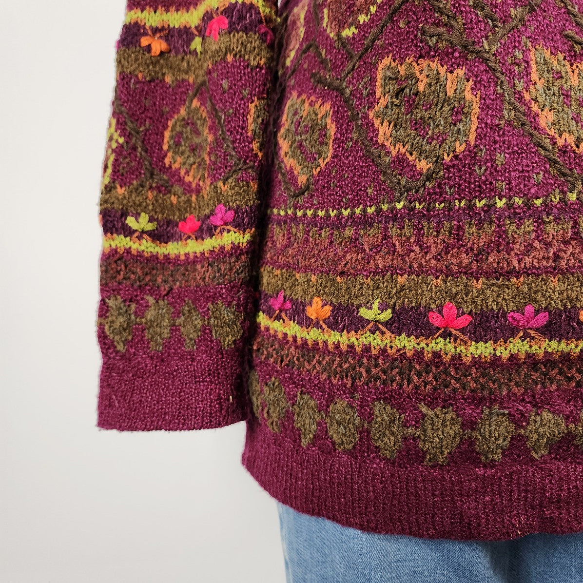 Sigrid Olsen Handknit Burgundy Cotton Silk Fall Leaves Button Up Cardigan Size S