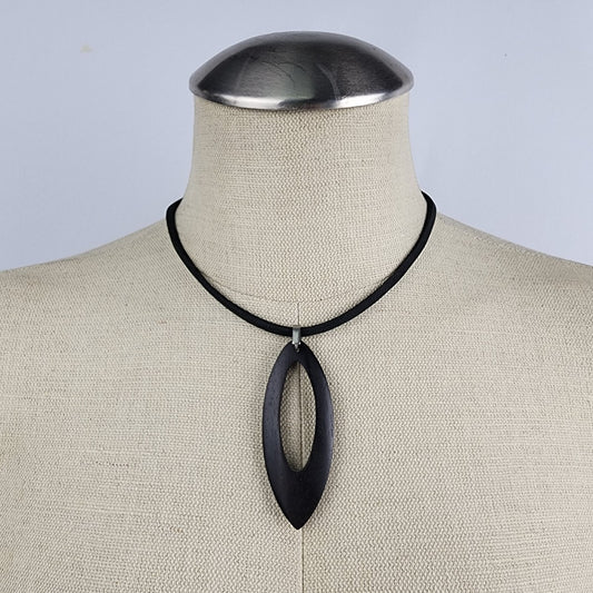 Bauxo Wood Black Tear Drop Pendant Leather Necklace