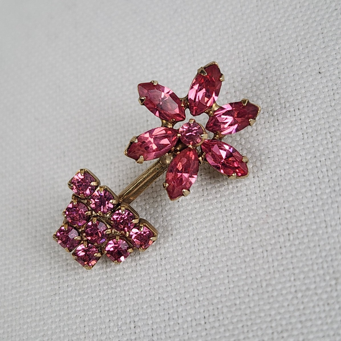 Vintage Pink Flower In Pot Rhinestone Crystal Mini Brooch