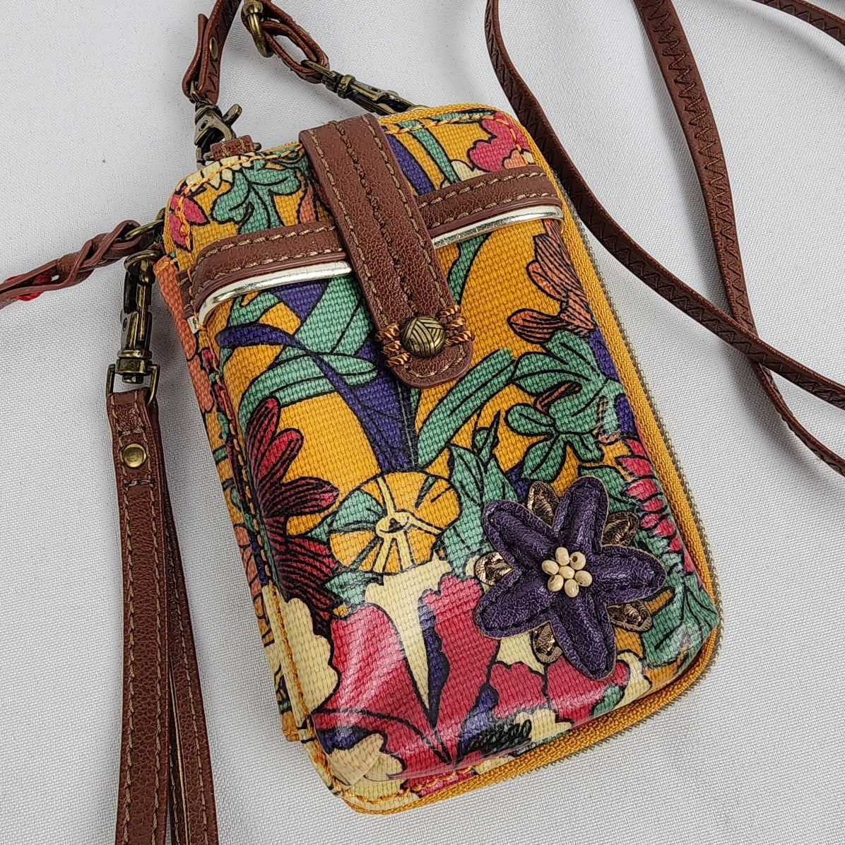 Sak Roots Yellow Floral Cell Phone Wallet Crossbody Purse