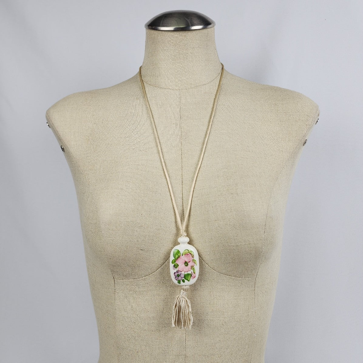 Vintage Floral Ceramic Fringe Pendant Cream Cord Necklace