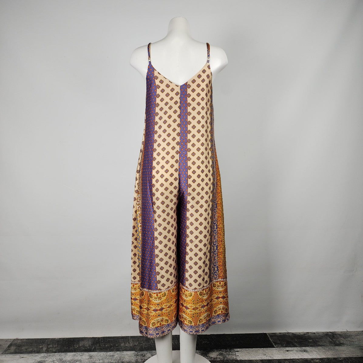 Dress Forum Purple & Gold Floral Silky Cropped Wide Leg Jumpsuit Size S