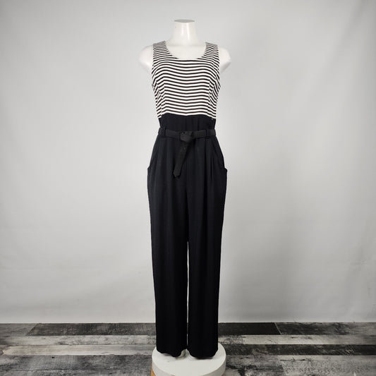 Vintage Black Striped Sleeveless Belted Jumpsuit Size M
