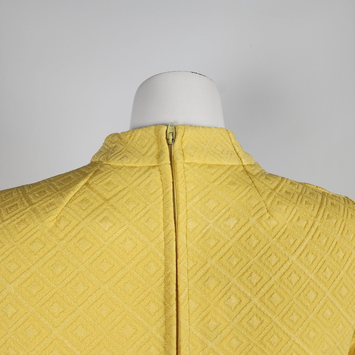 Vintage Crimplene Yellow Long Sleeve Bow Detail Sheath Dress Size M