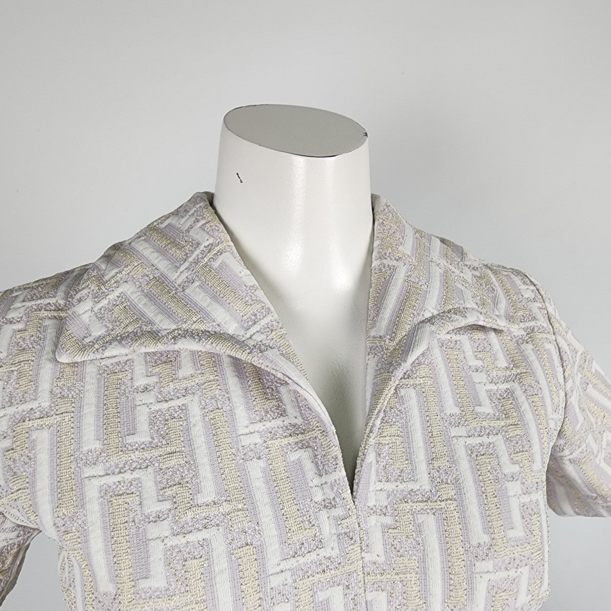 Vintage Grey & Gold Collared Short Sleeve Sheath Dress Size S/M