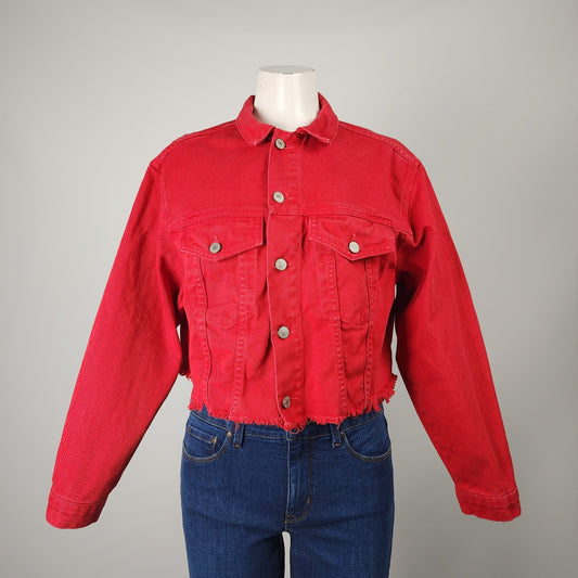 Red Cotton Distressed Hem Button Up Denim Jacket Size M/L