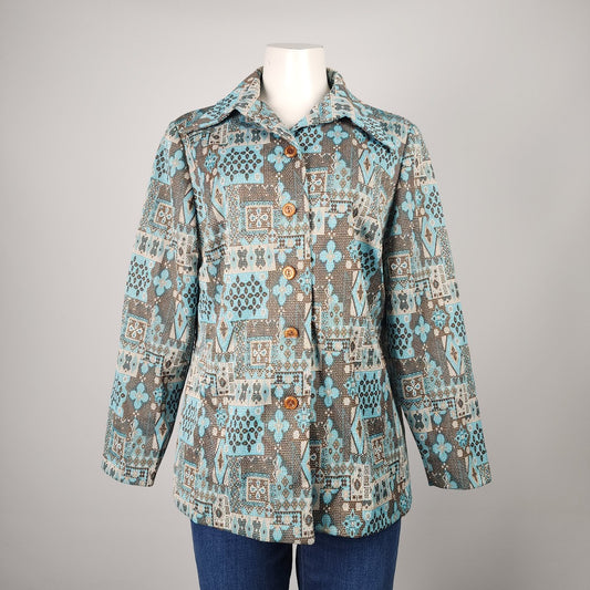 Vintage Leo Danal Blue & Brown Floral Button Up Jacket Size L