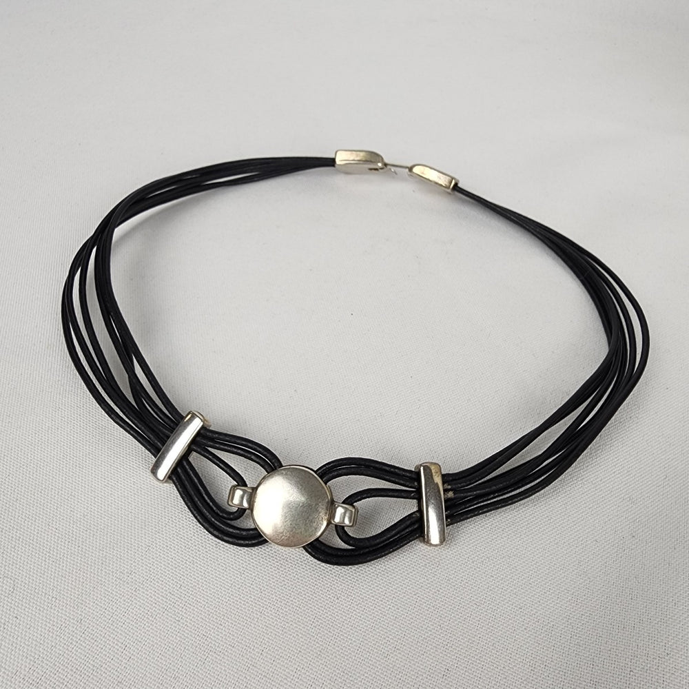 Leather Cord & Silver Collar Necklace