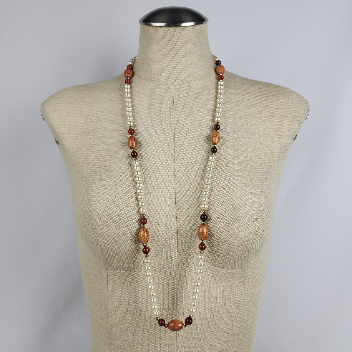 Vintage Natural Stone Faux Pearl Beaded Necklace Earring Set