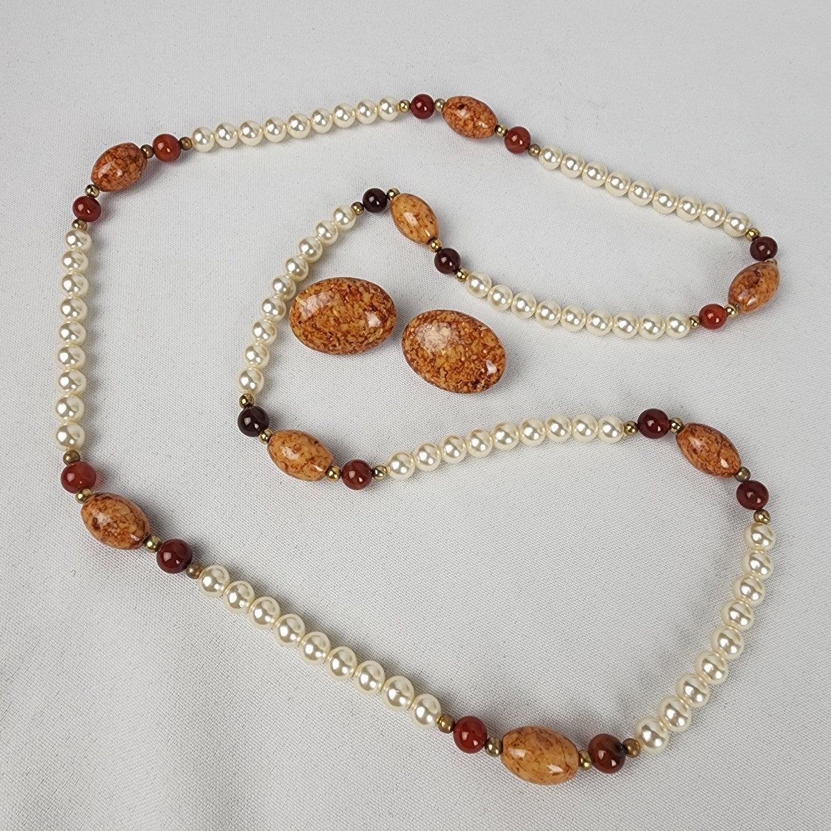 Vintage Natural Stone Faux Pearl Beaded Necklace Earring Set