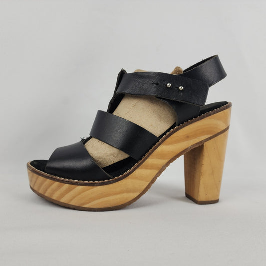 Free People Black Leather Wood Heel Sandals Size 8