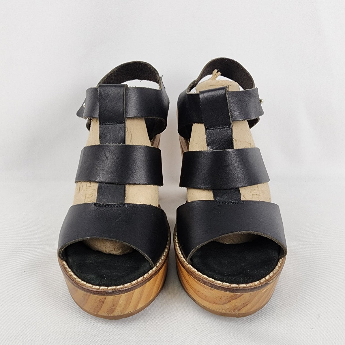 Free People Black Leather Wood Heel Sandals Size 8