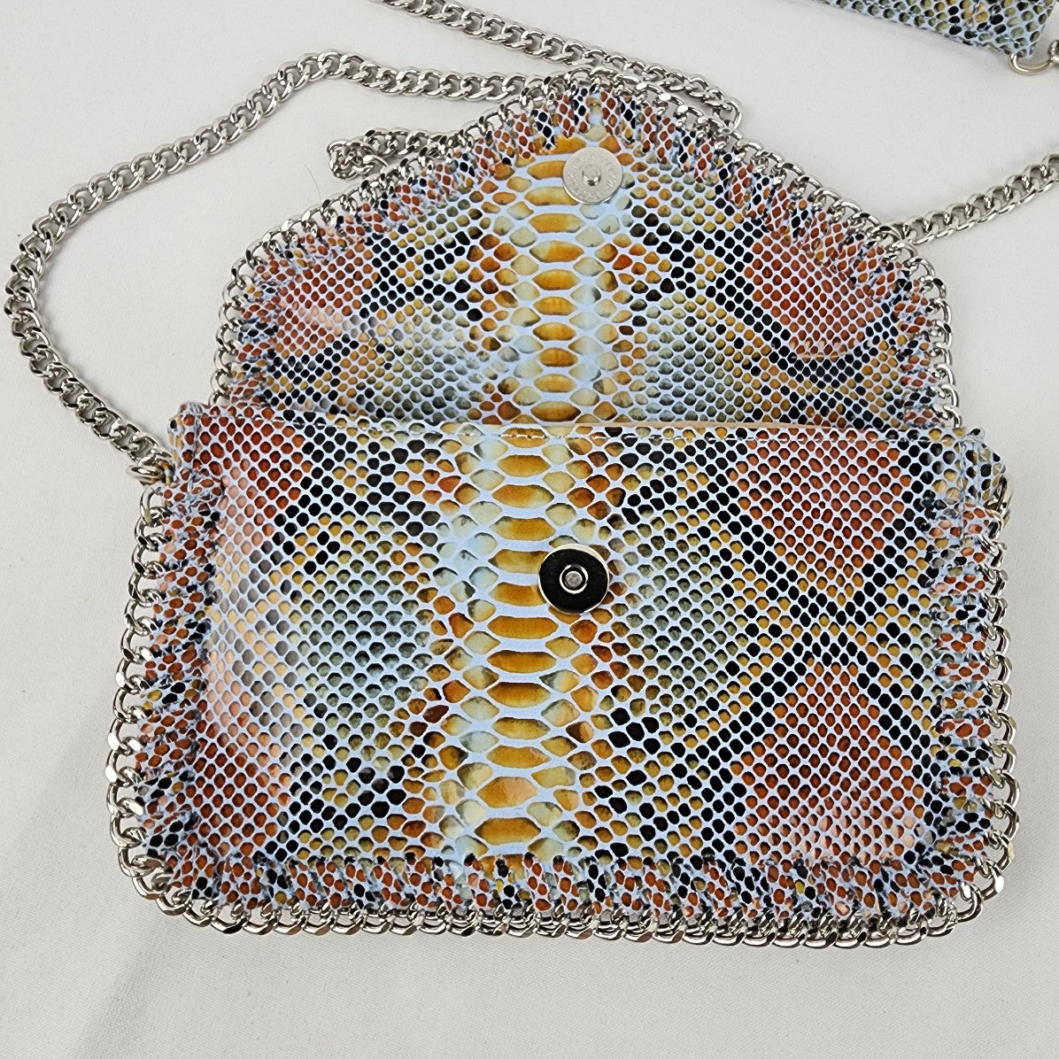 Sondra Roberts Reptile Print Leather Chain Detail Shoulder Clutch Purse