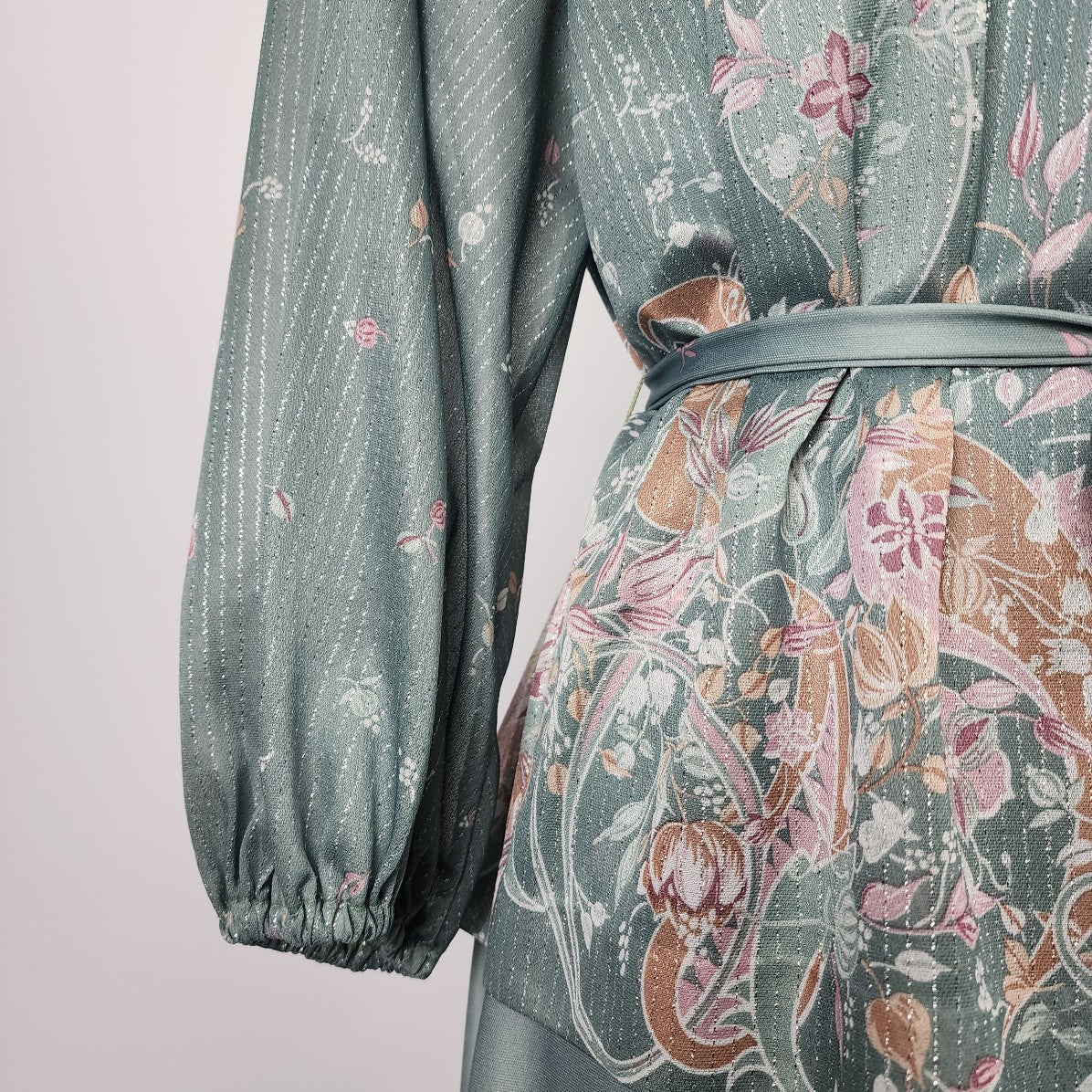 Vintage Renee Christine Green Floral Belted Midi Dress Size L