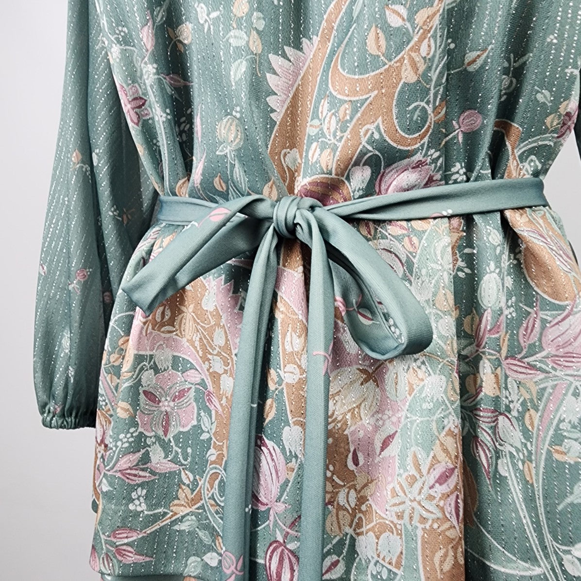 Vintage Renee Christine Green Floral Belted Midi Dress Size L