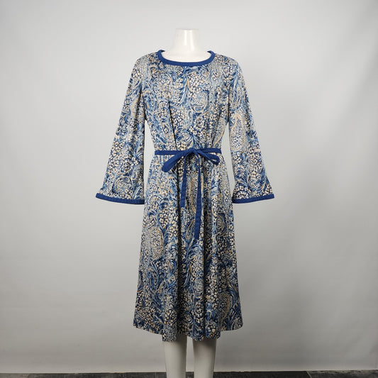 Vintage Handmade Blue Floral Belle Sleeve Belted Dress Size L