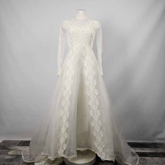 Vintage Party Time White Floral Beaded Lace Wedding Dress Size XS
