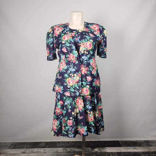 Vintage Image Blue Floral Dress & Jacket Set Size XL