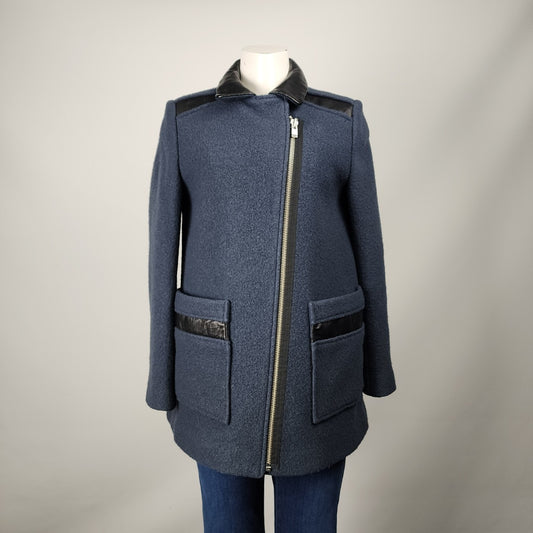 Maje Garvelle Blue Wool Leather Detail Zip Up Jacket Size M/L