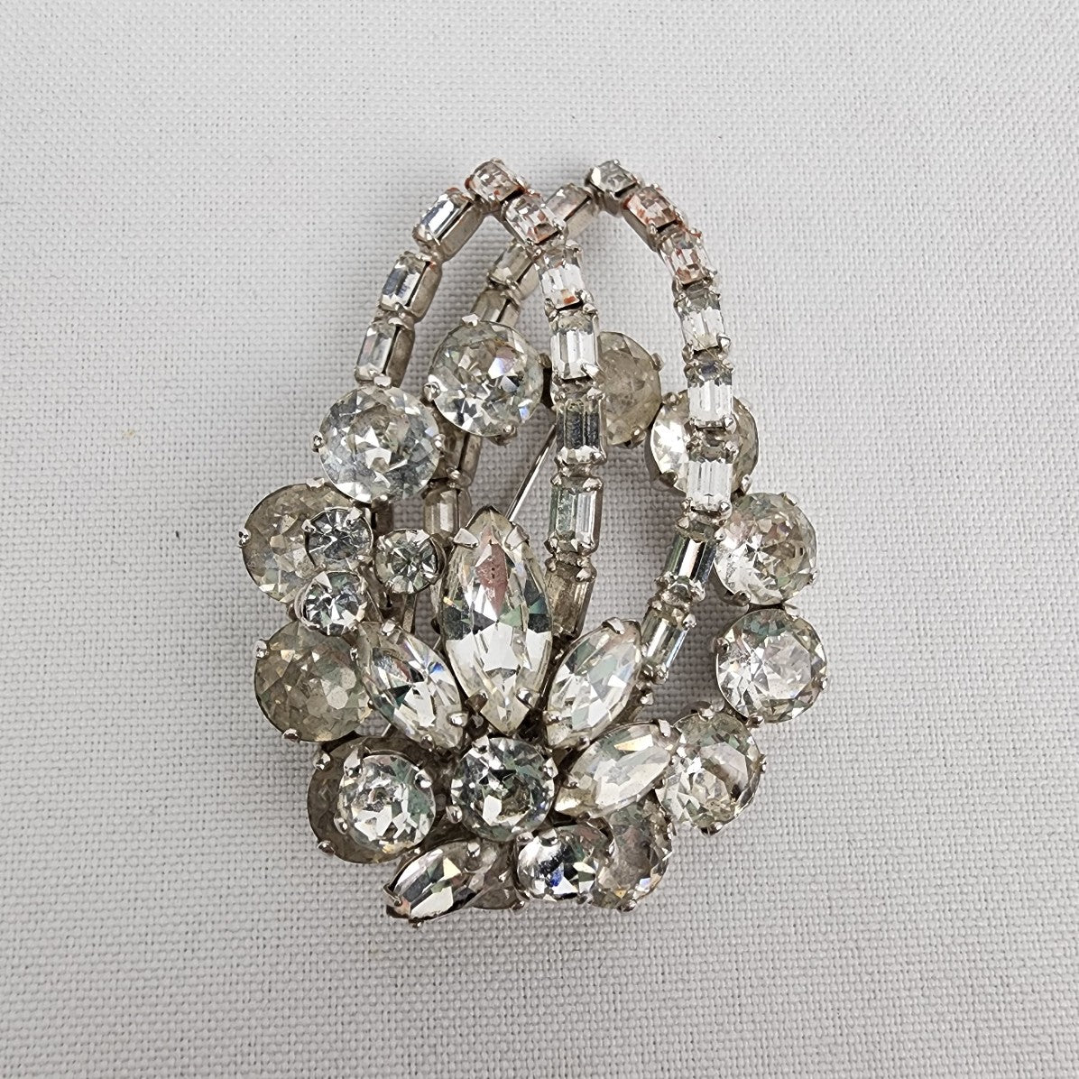 Vintage Sherman Clear Crystal Floral Silver Tone Brooch