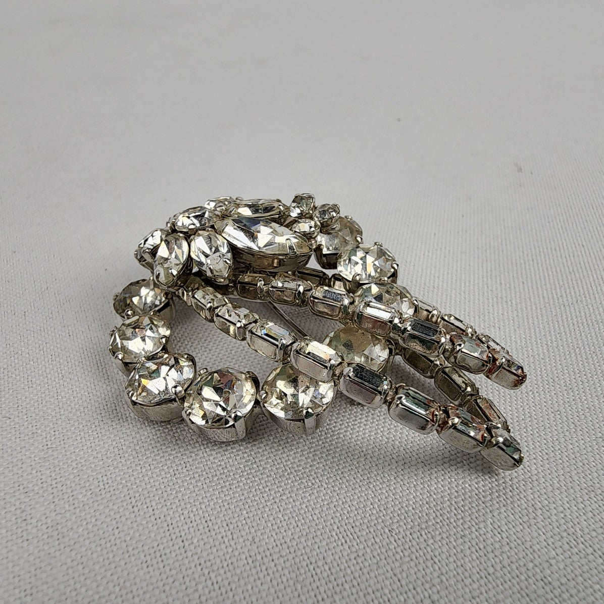 Vintage Sherman Clear Crystal Floral Silver Tone Brooch